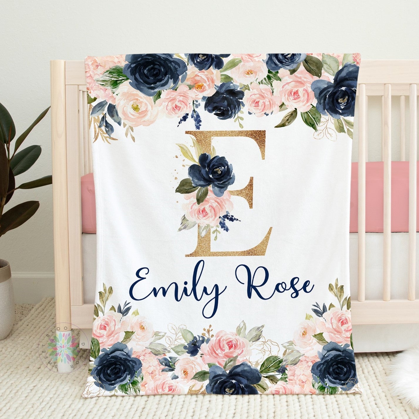 Blush Pink Navy floral blanket