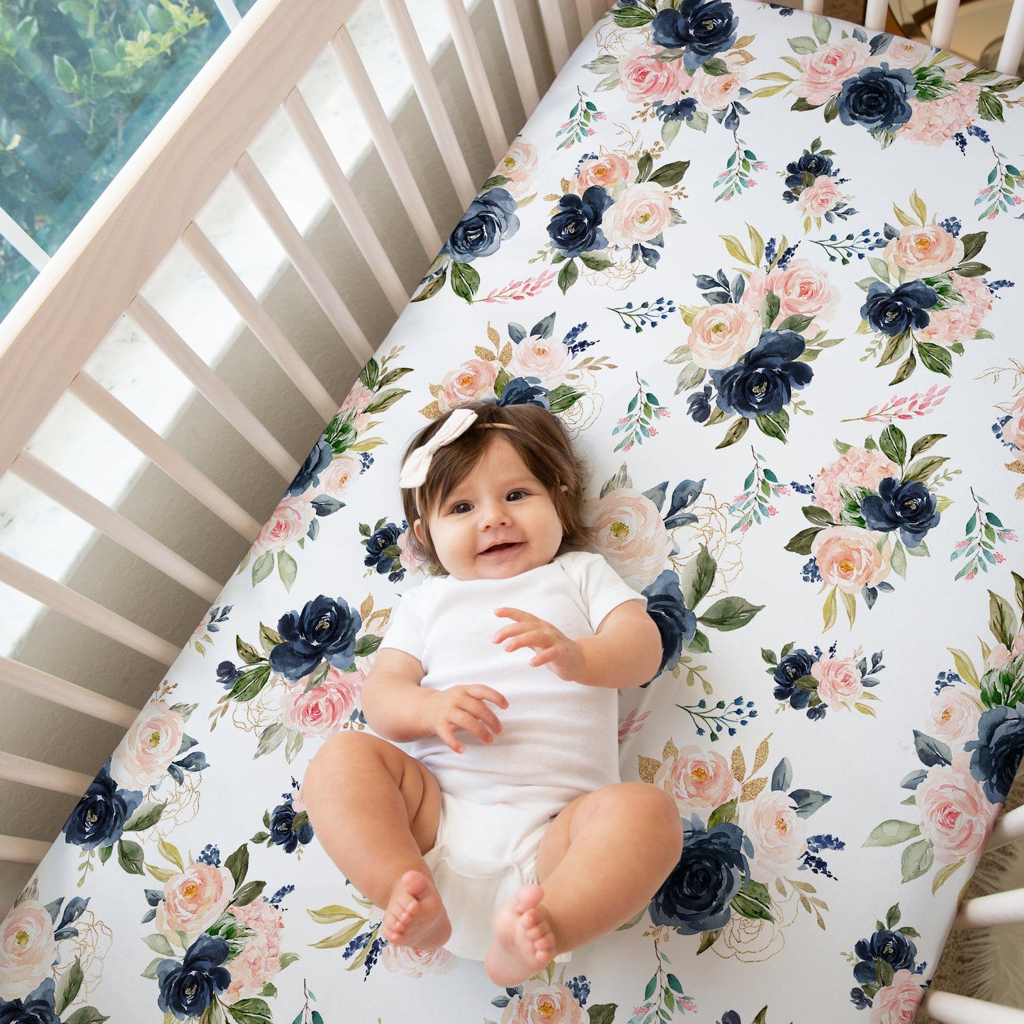 Blush Pink Navy floral crib sheet