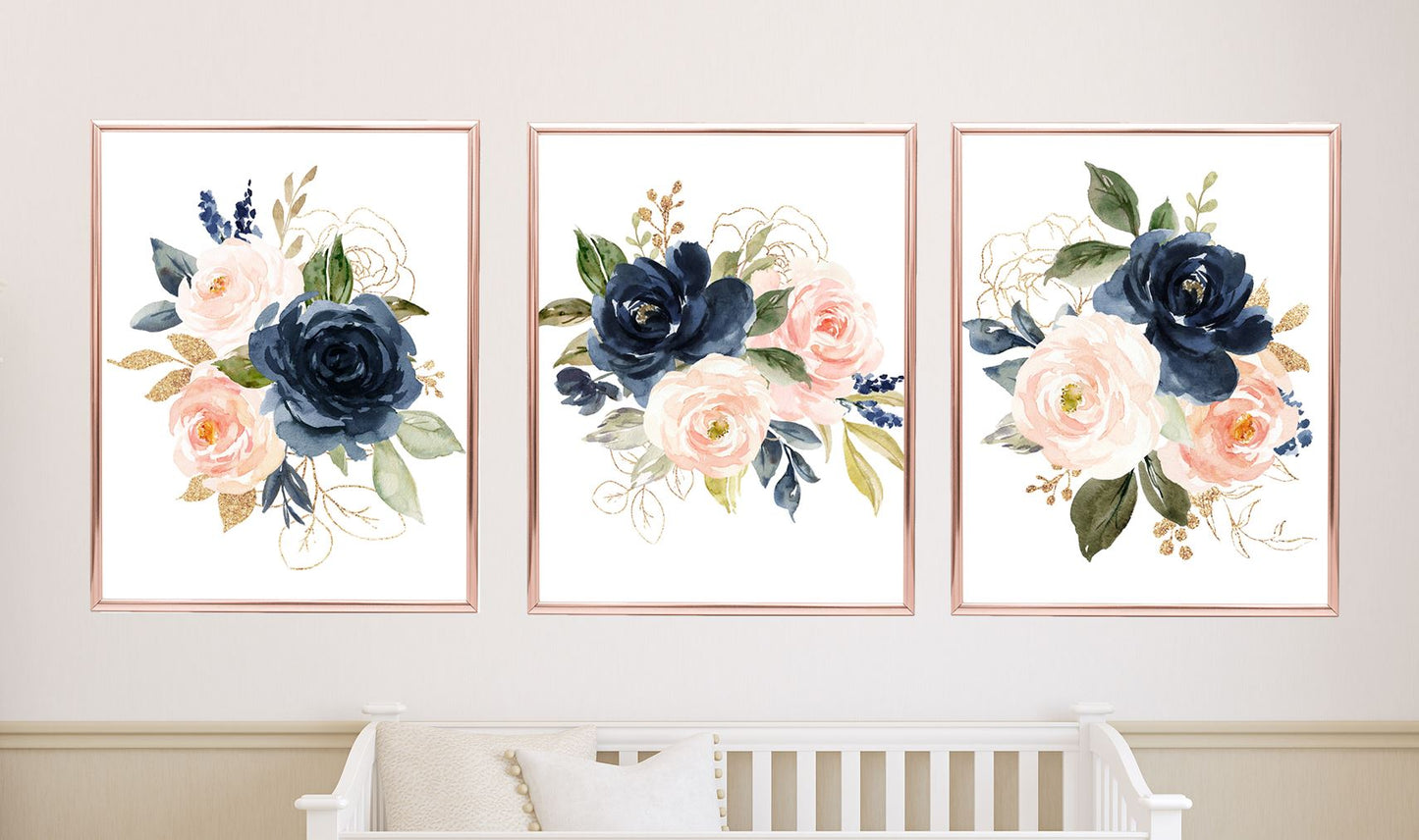Blush Pink Navy floral crib sheet