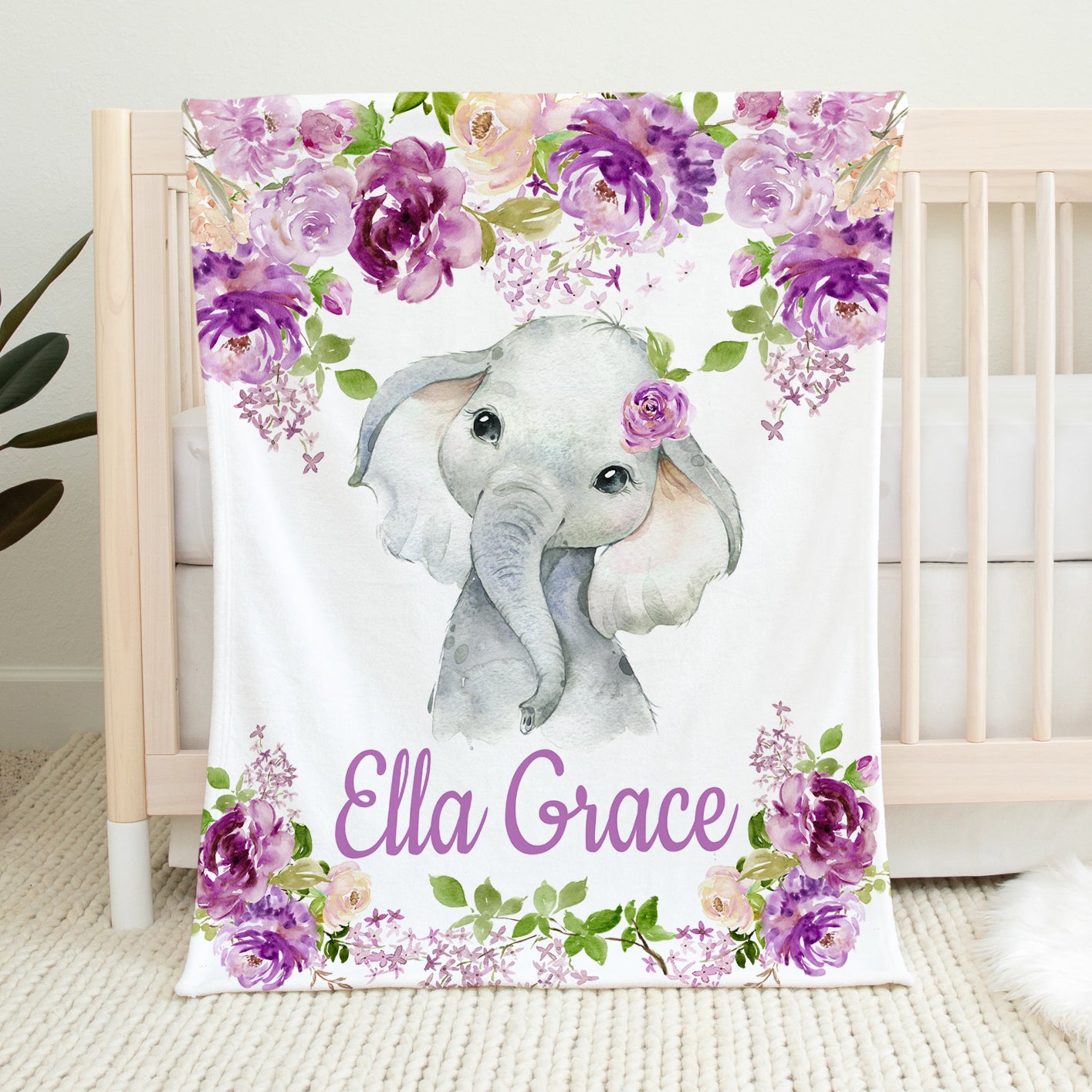 Personalized Elephant Baby Name Blanket with Purple Flowers