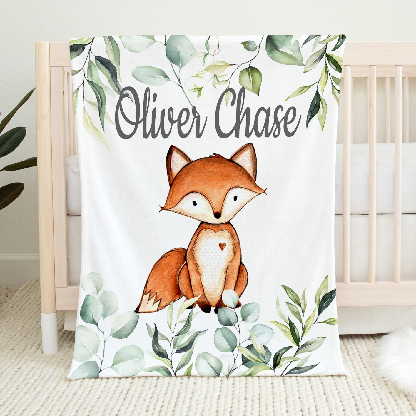 Personalized Fox Blanket with Eucalyptus Green Leaves