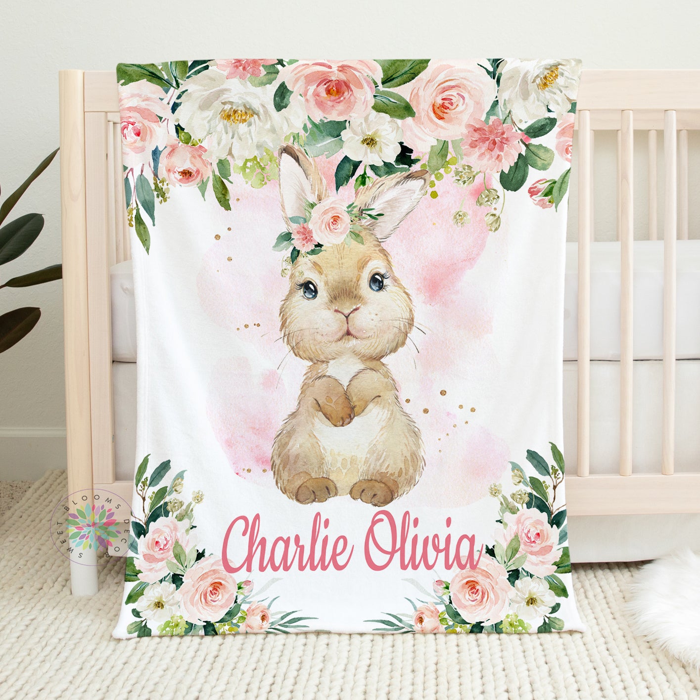 Personalized Bunny with Pink and White Flowers Baby Girl Blanket
