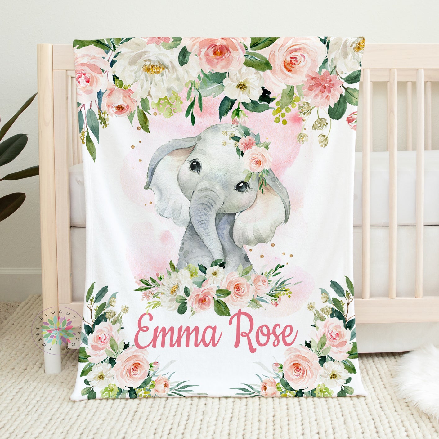 Personalized Elephant with Blush Pink Flowers Baby Girl Blanket
