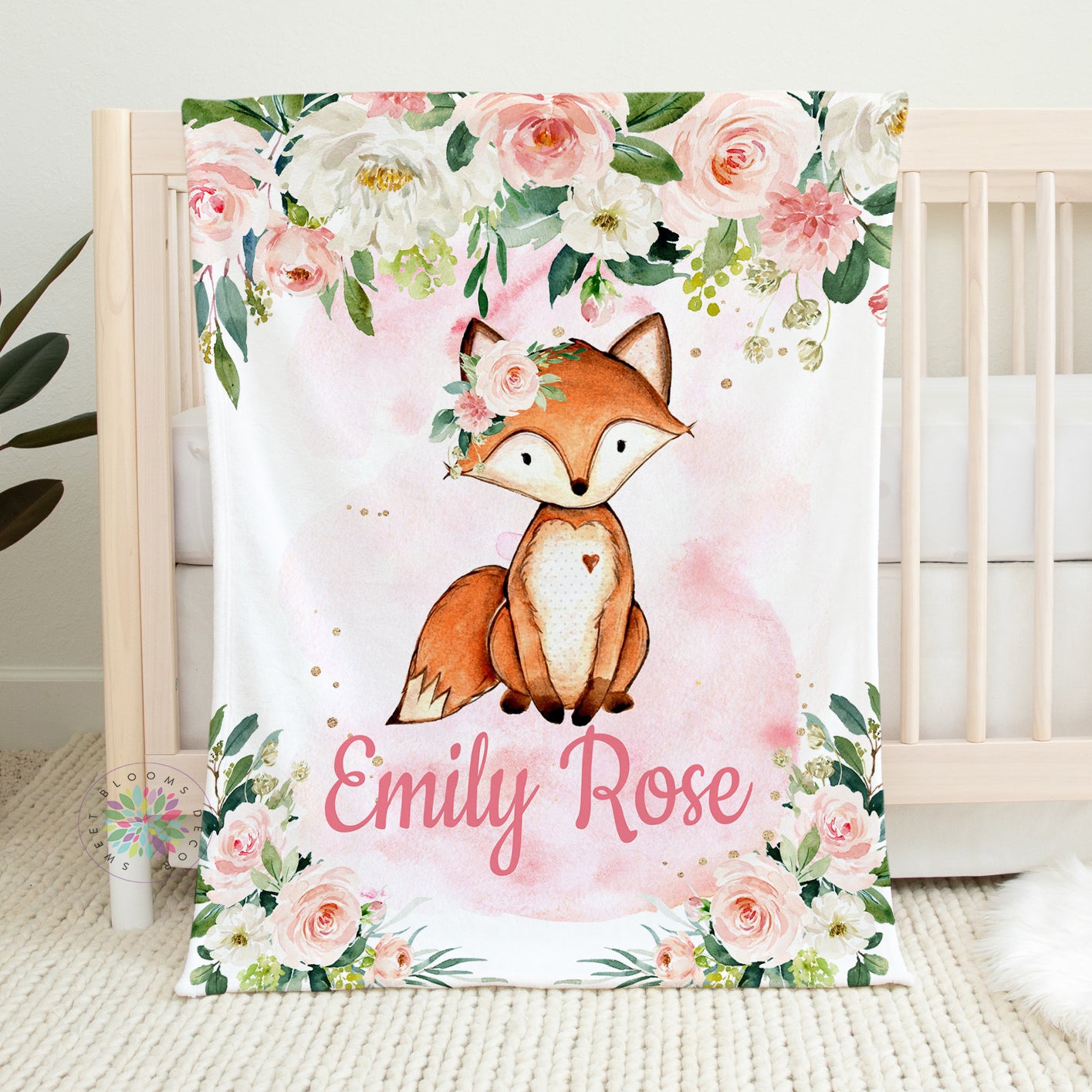 Personalized Fox with Blush Pink Roses Newborn Baby Girl Blanket