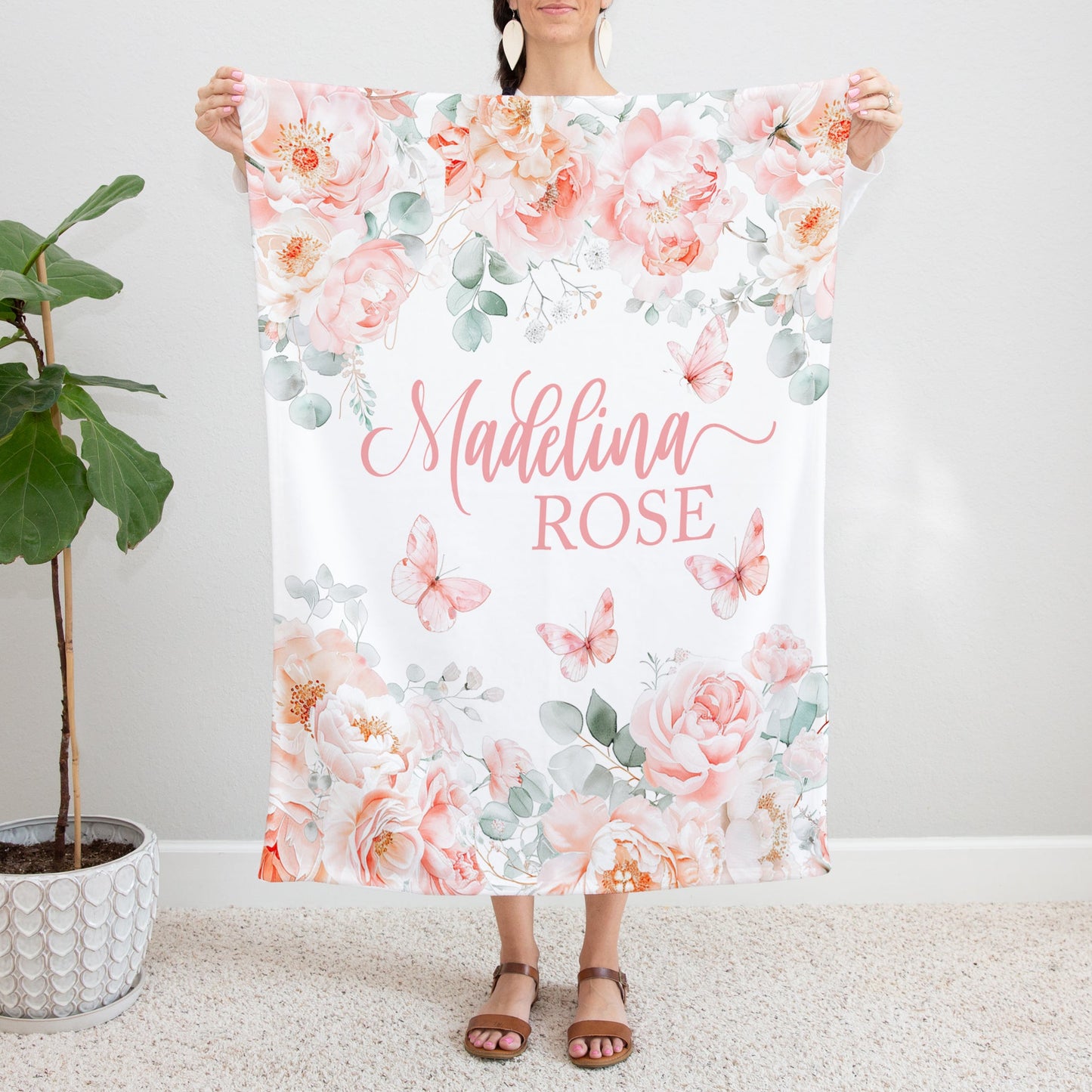 Personalized Pink Floral with Butterflies Baby Girl Blanket