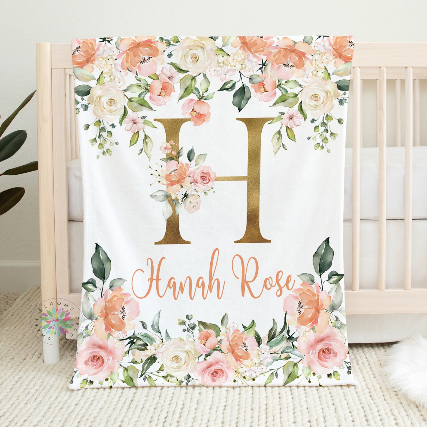 Personalized Pink and Gold Flower Baby Girl Blanket