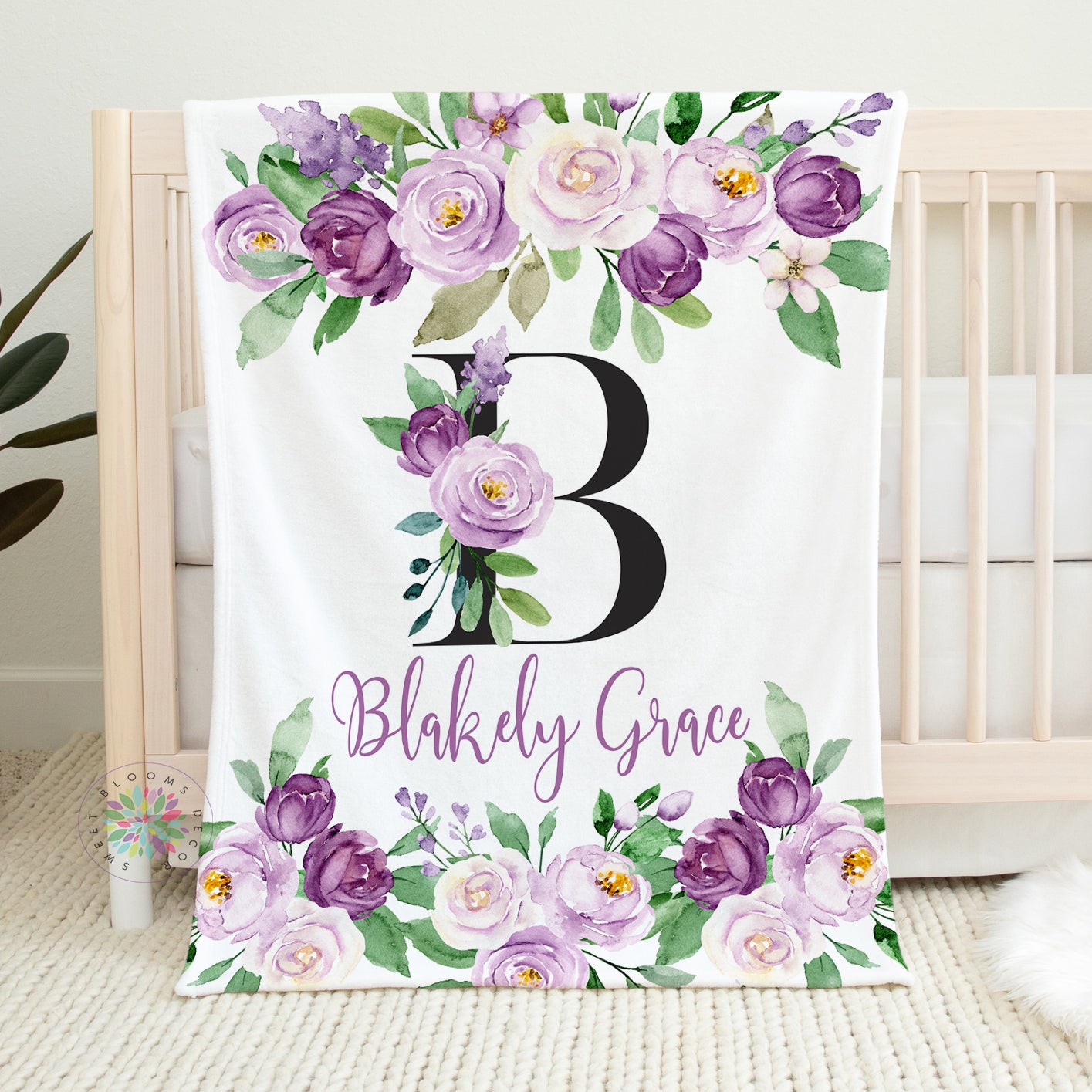 Personalized Purple Floral with Monogram Baby Girl Blanket