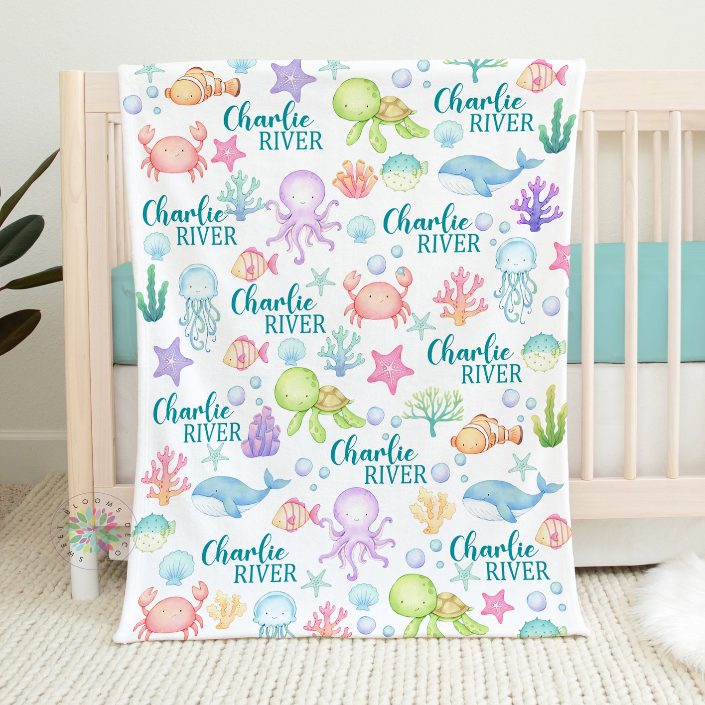 Personalized Sea Animal Baby Boy Blanket