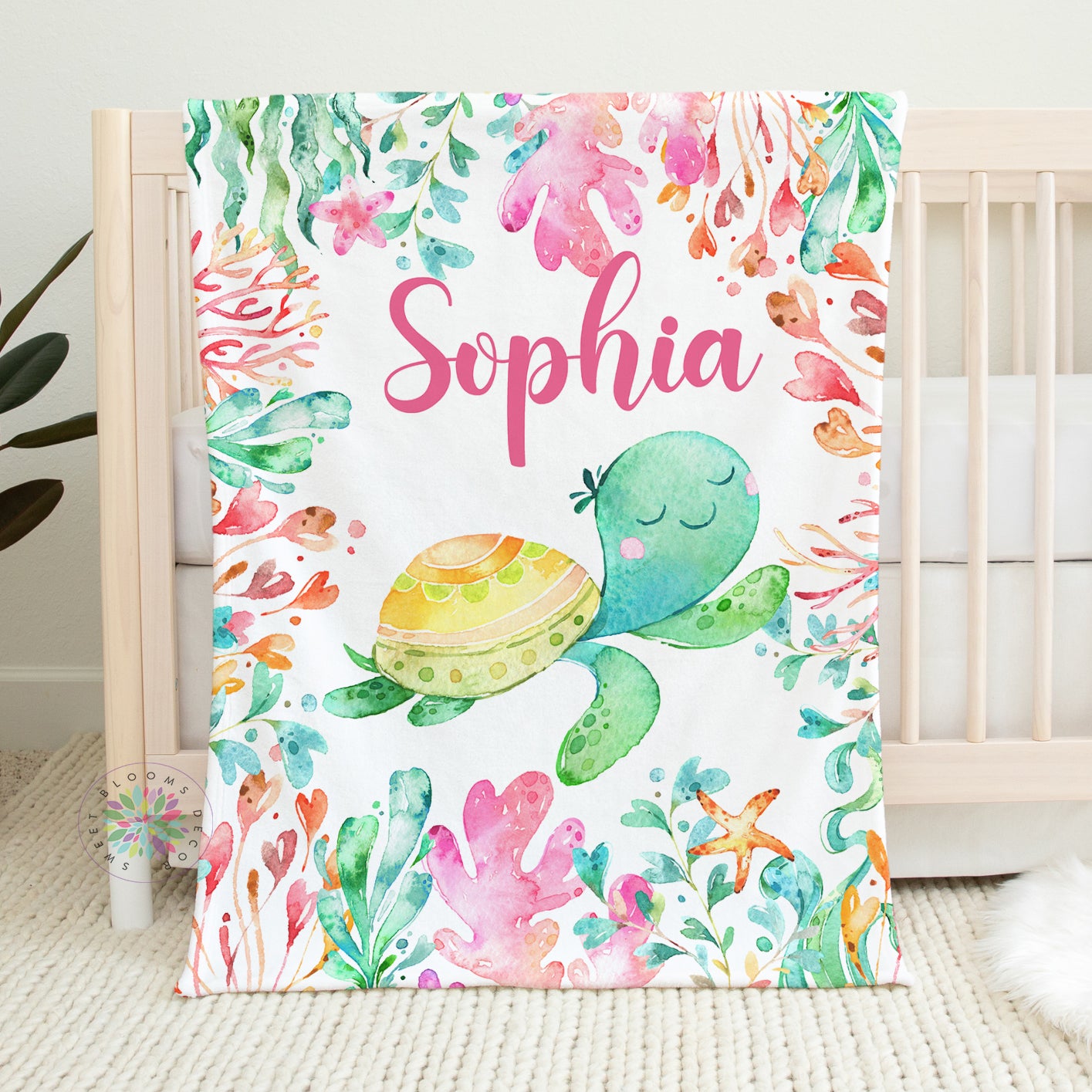 Personalized Watercolor Sea Turtle Baby Girl Blanket