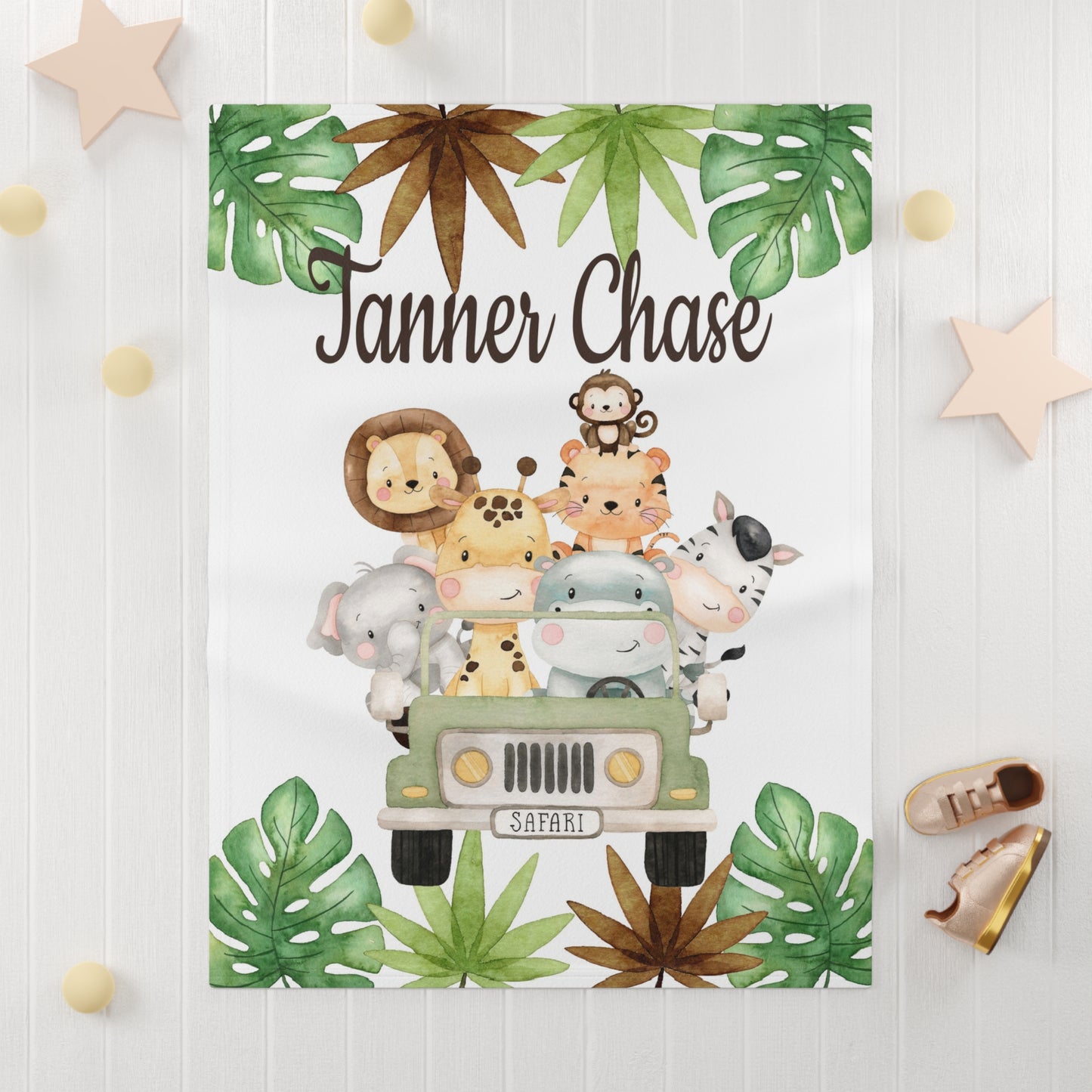 Safari Animals Truck Baby Boy Name Blanket