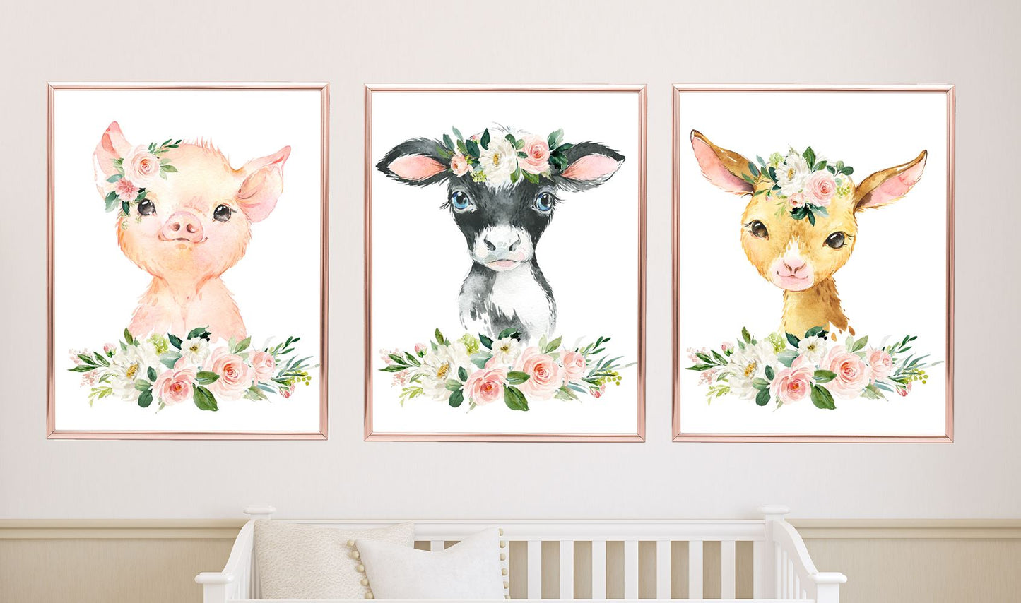 Farm Animals Floral Baby Girl Nursery Bedding Set