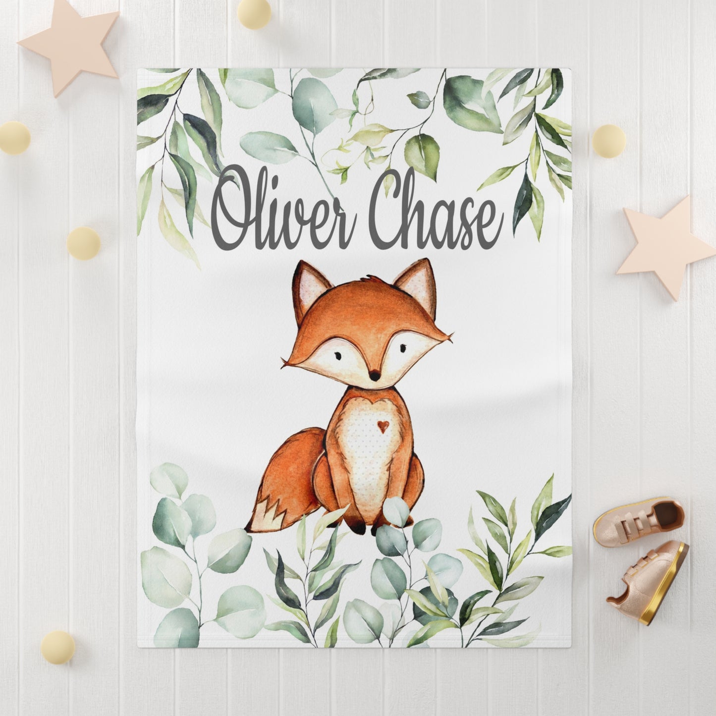 Personalized Fox Blanket with Eucalyptus Green Leaves