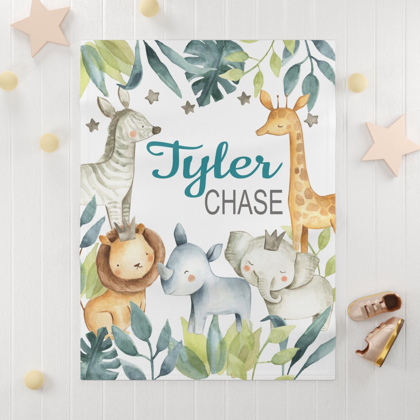 Personalized Jungle Animals Baby Boy Blanket