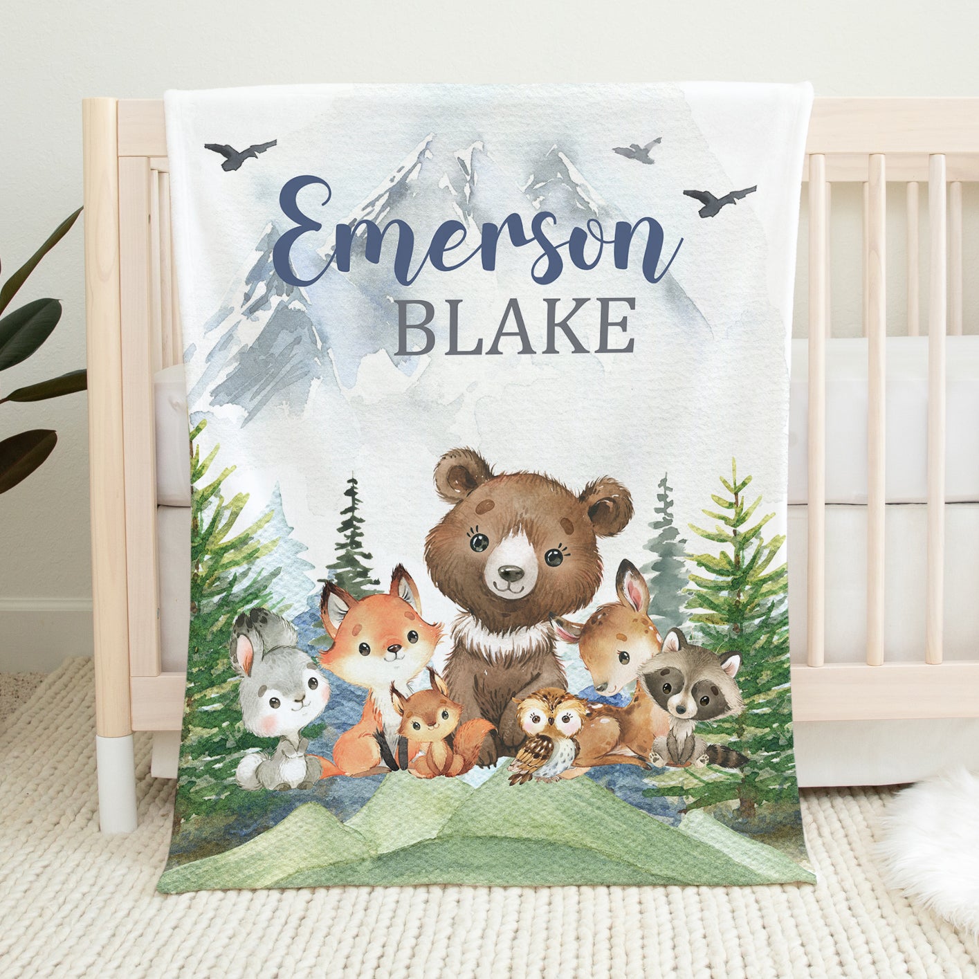 Personalized Woodland Animals Blanket Mountains