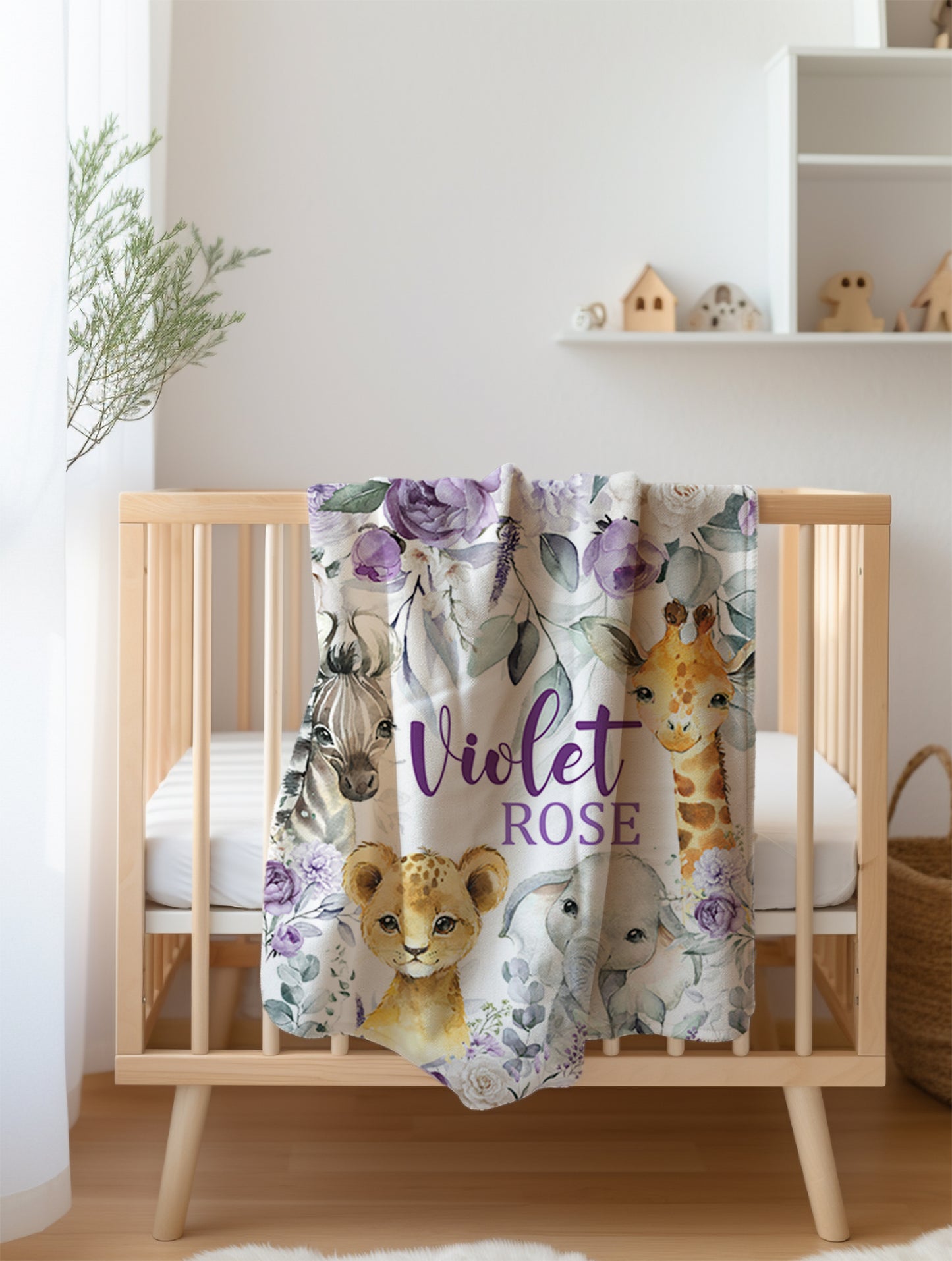 Personalized Safari Animals Baby Girl Blanket with Purple Lavender Flowers