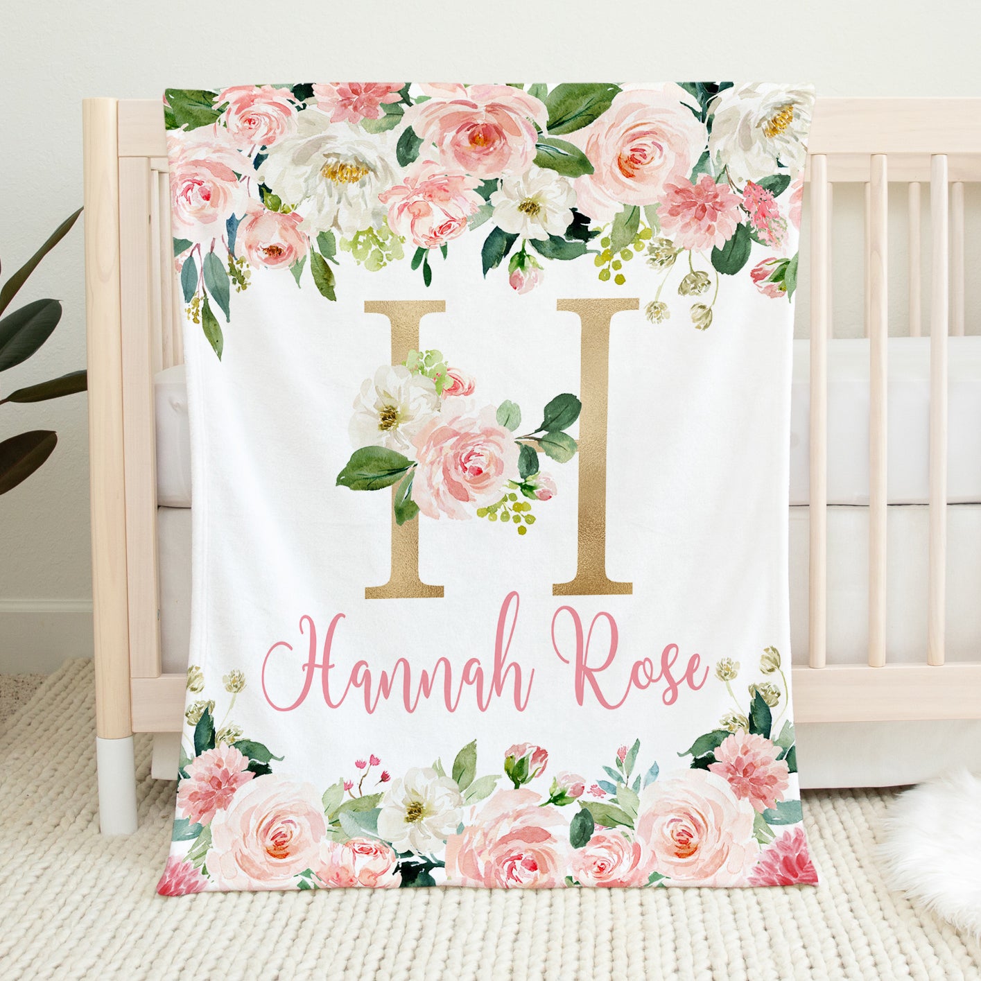 Blush Pink Gold Floral Blanket