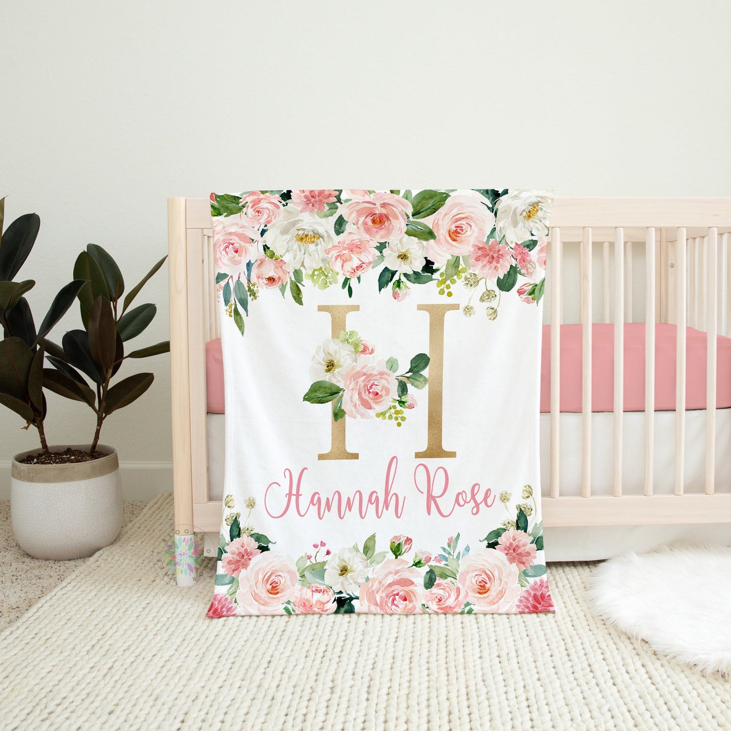 Blush Pink Gold Floral Blanket