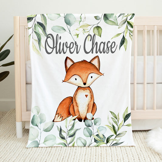 Personalized Fox Blanket with Eucalyptus Green Leaves
