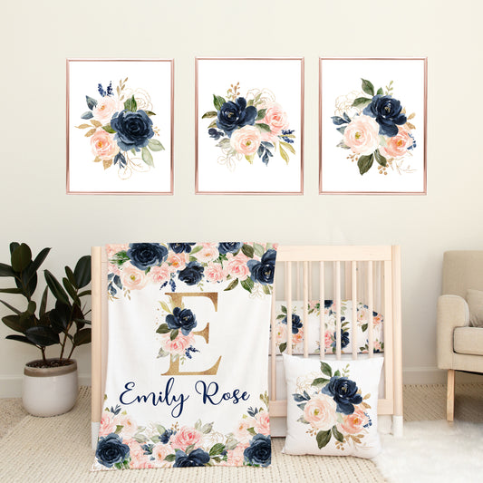 Navy Pink Floral Nursery Bedding Set