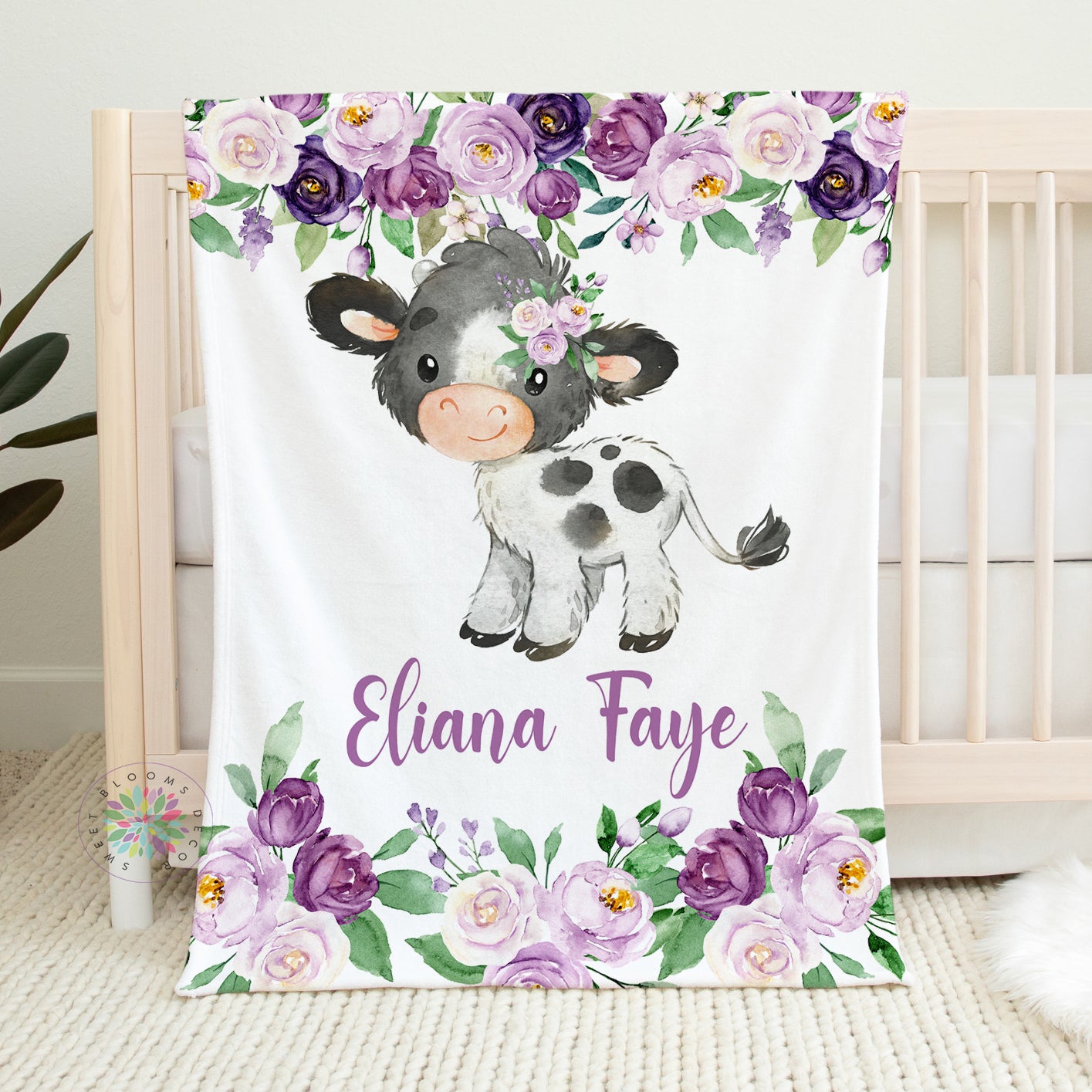 Personalized Cow with Purple Flowers Baby Girl Blanket