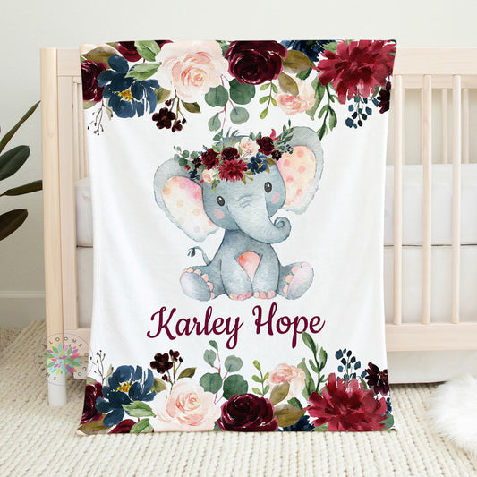 Personalized Elephant with Red Flowers Baby Girl Blanket