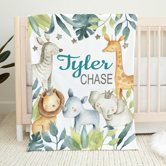 Personalized Jungle Animals Baby Boy Blanket