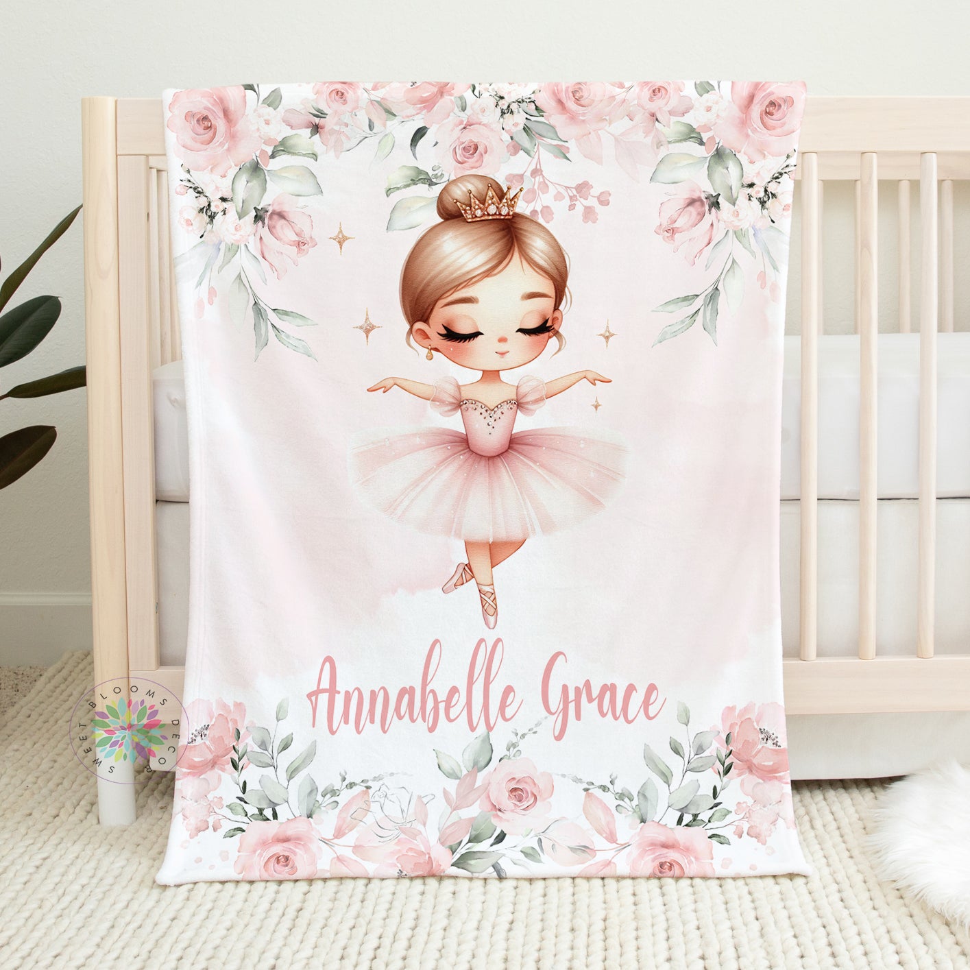 Personalized Pink Ballerina with Flowers Baby Girl Blanket 
