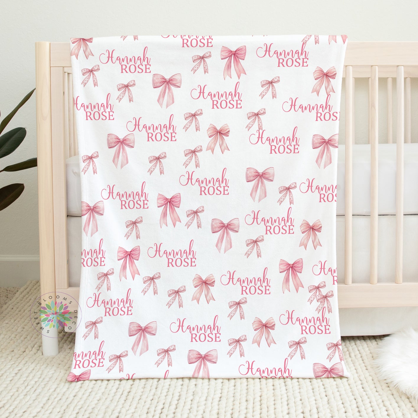 Personalized Pink Bow Baby Girl Blanket 