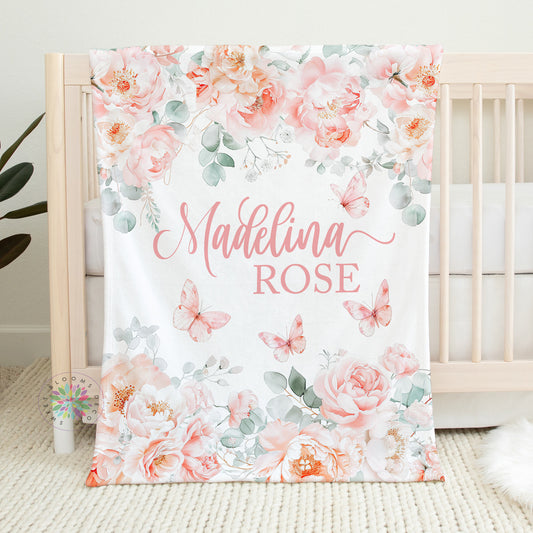 Personalized Pink Floral with Butterflies Baby Girl Blanket 