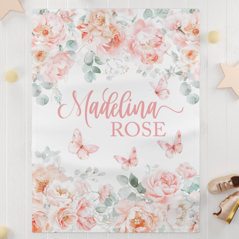Personalized Pink Floral with Butterflies Baby Girl Blanket 