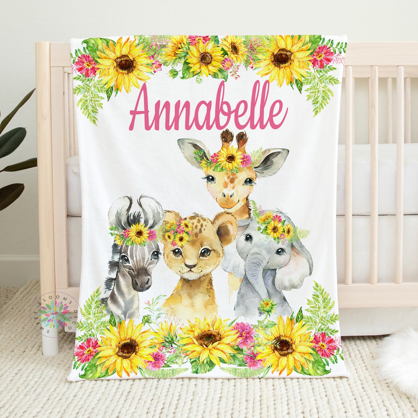 Personalized Safari Animals with Sunflowers Baby Girl Blanket