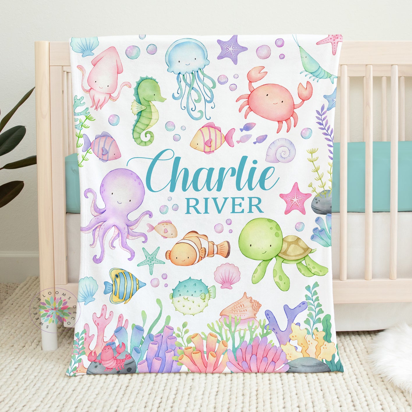 Personalized Sea Animals Girl Boy Baby Blanket