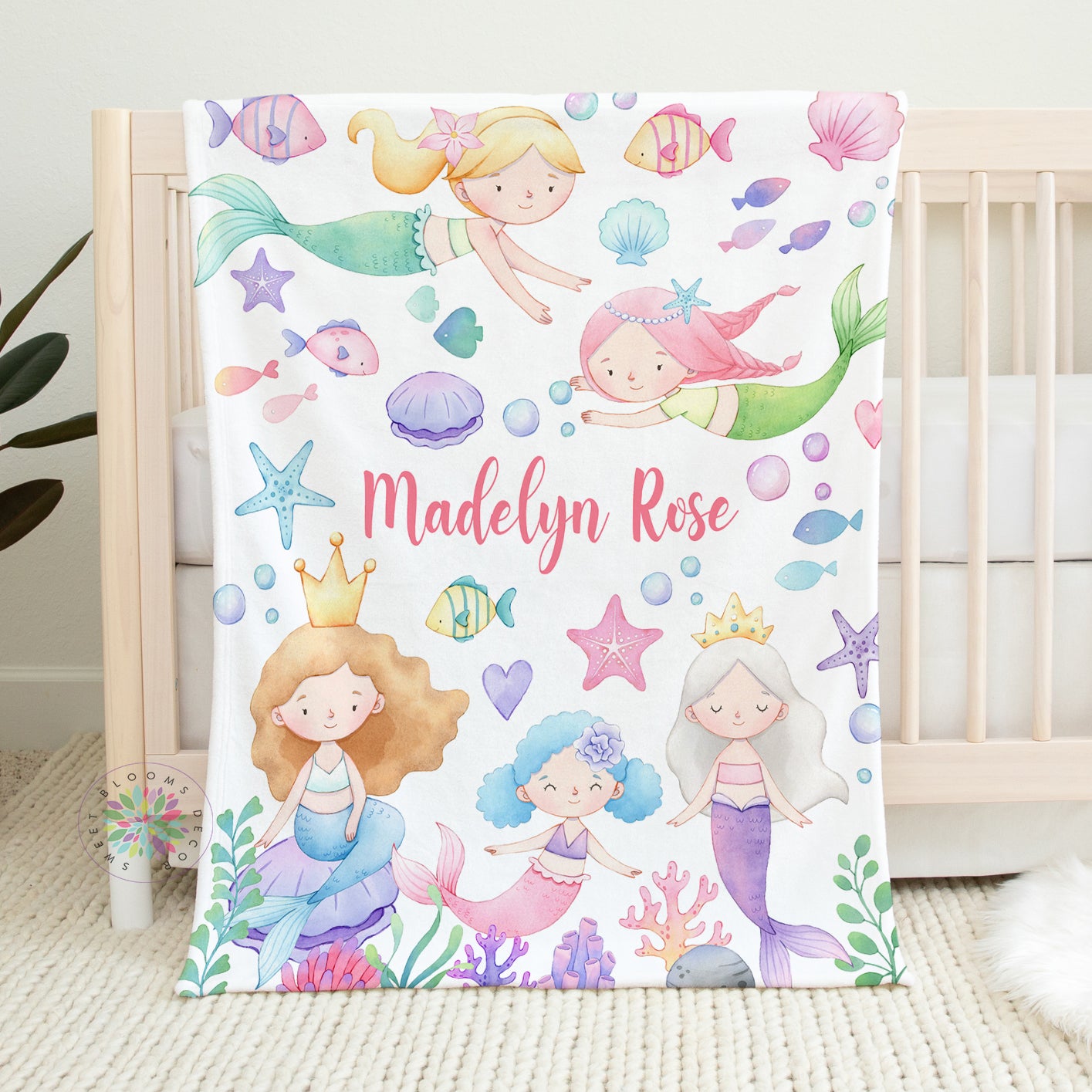 Personalized Watercolor Mermaid and Sea Animals Baby Girl Blanket 