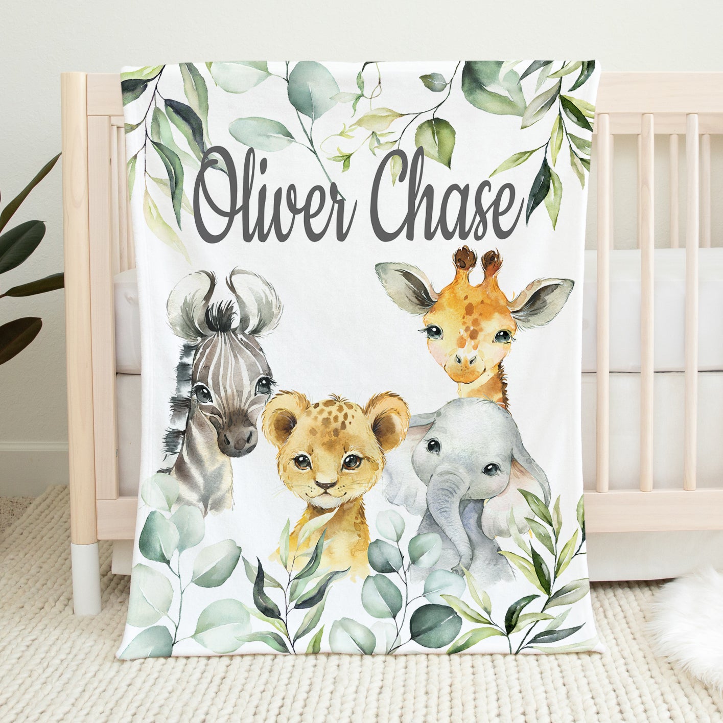Safari Animals Baby Name Blanket with Eucalyptus Leaves