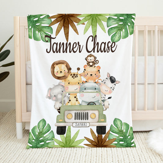 Safari Animals Truck Baby Boy Name Blanket