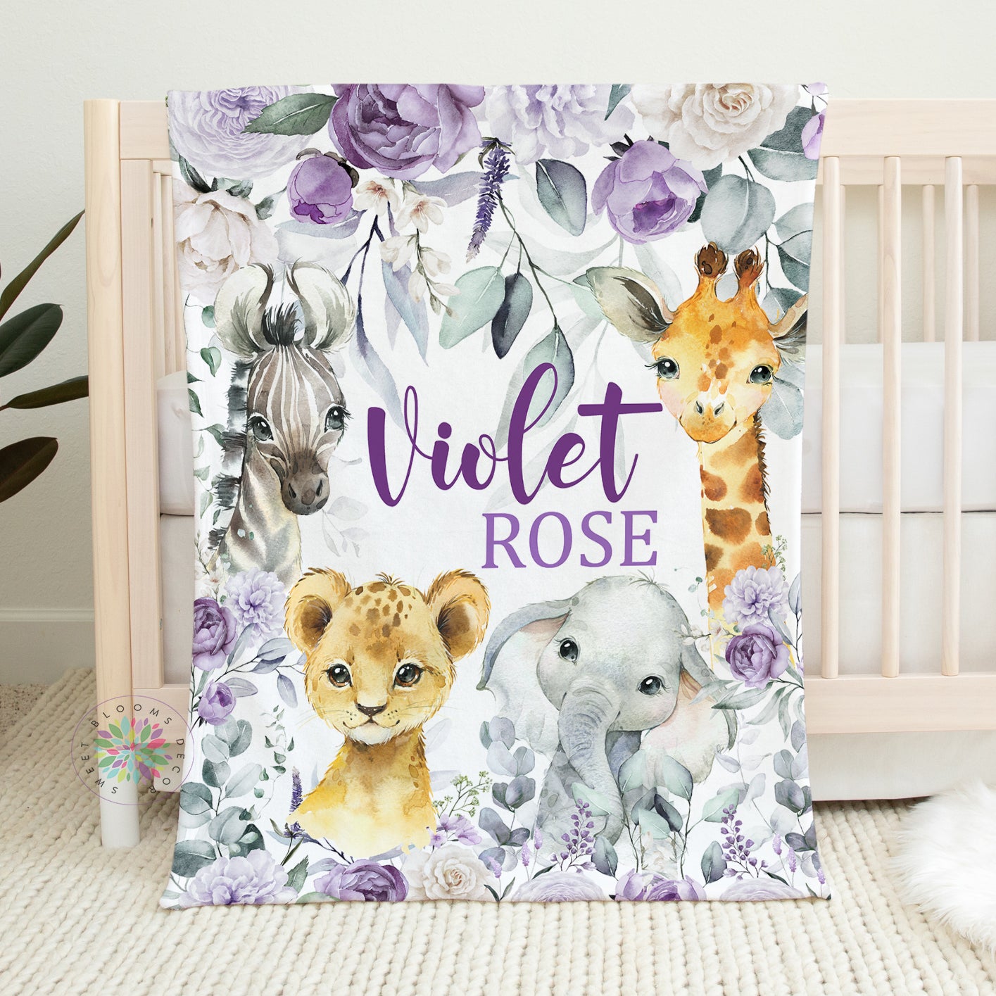 animals purple floral blanket