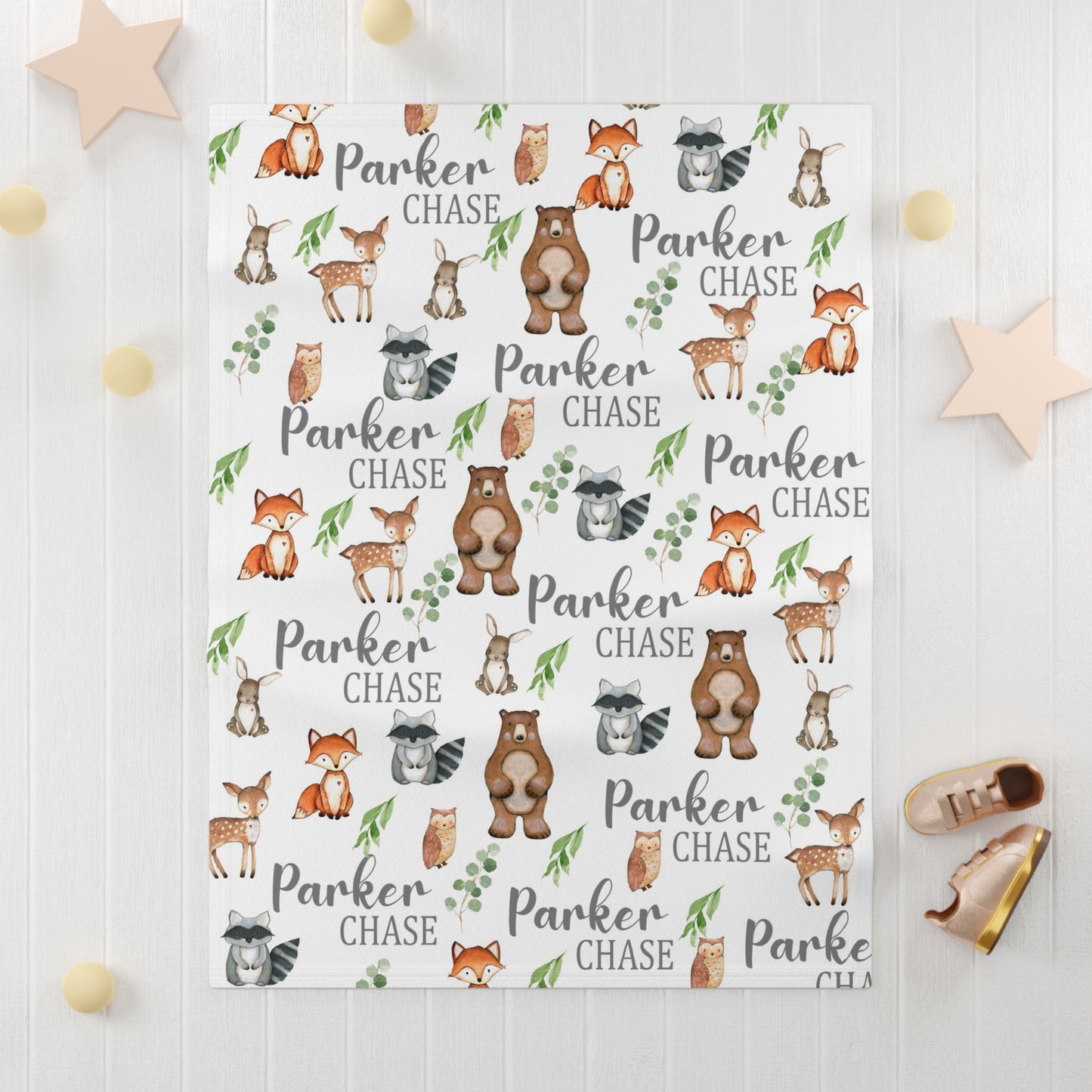 Woodland Animals Baby Blanket with Eucalyptus Leaves