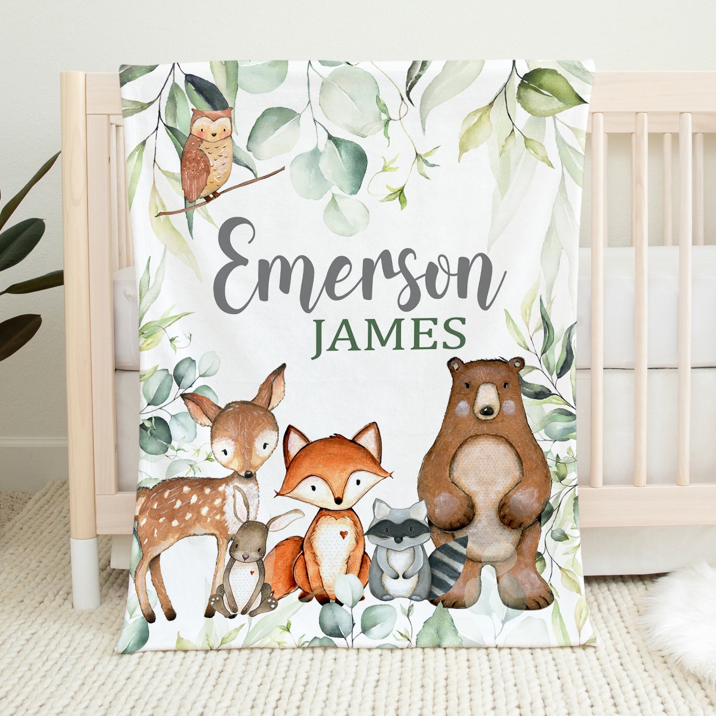 Woodland Animals Blanket Eucalyptus Leaves