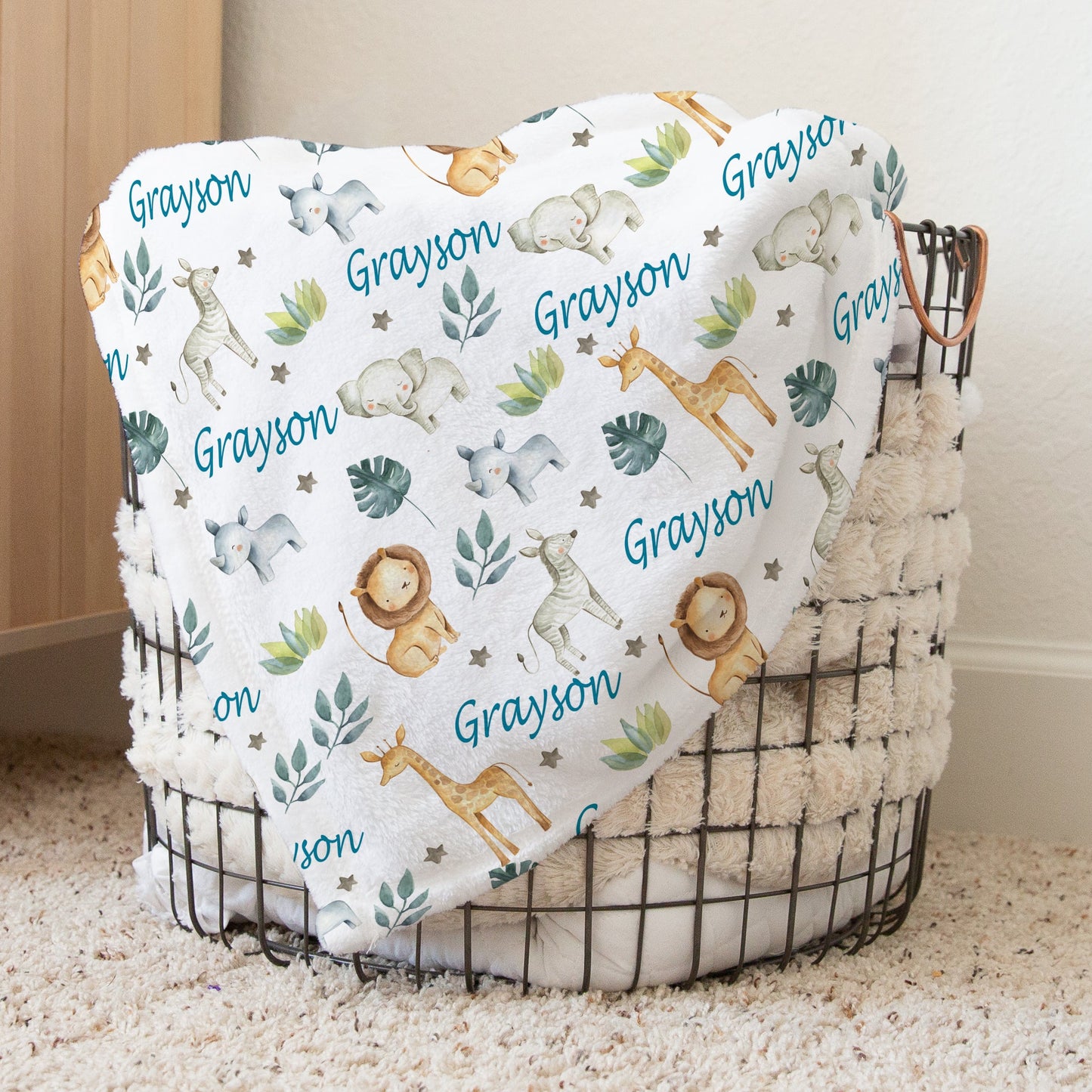 Personalized Jungle Animals Blanket with Greenery