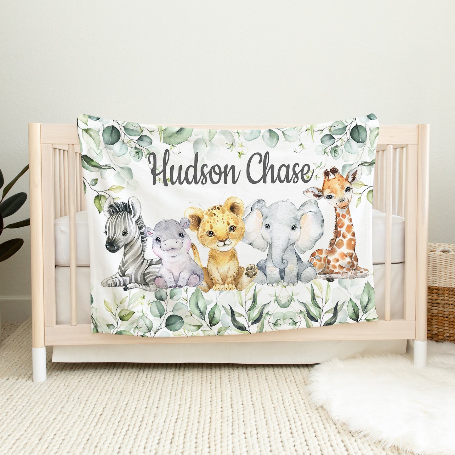Personalized Safari Animals Baby Blanket with Eucalyptus Leaves