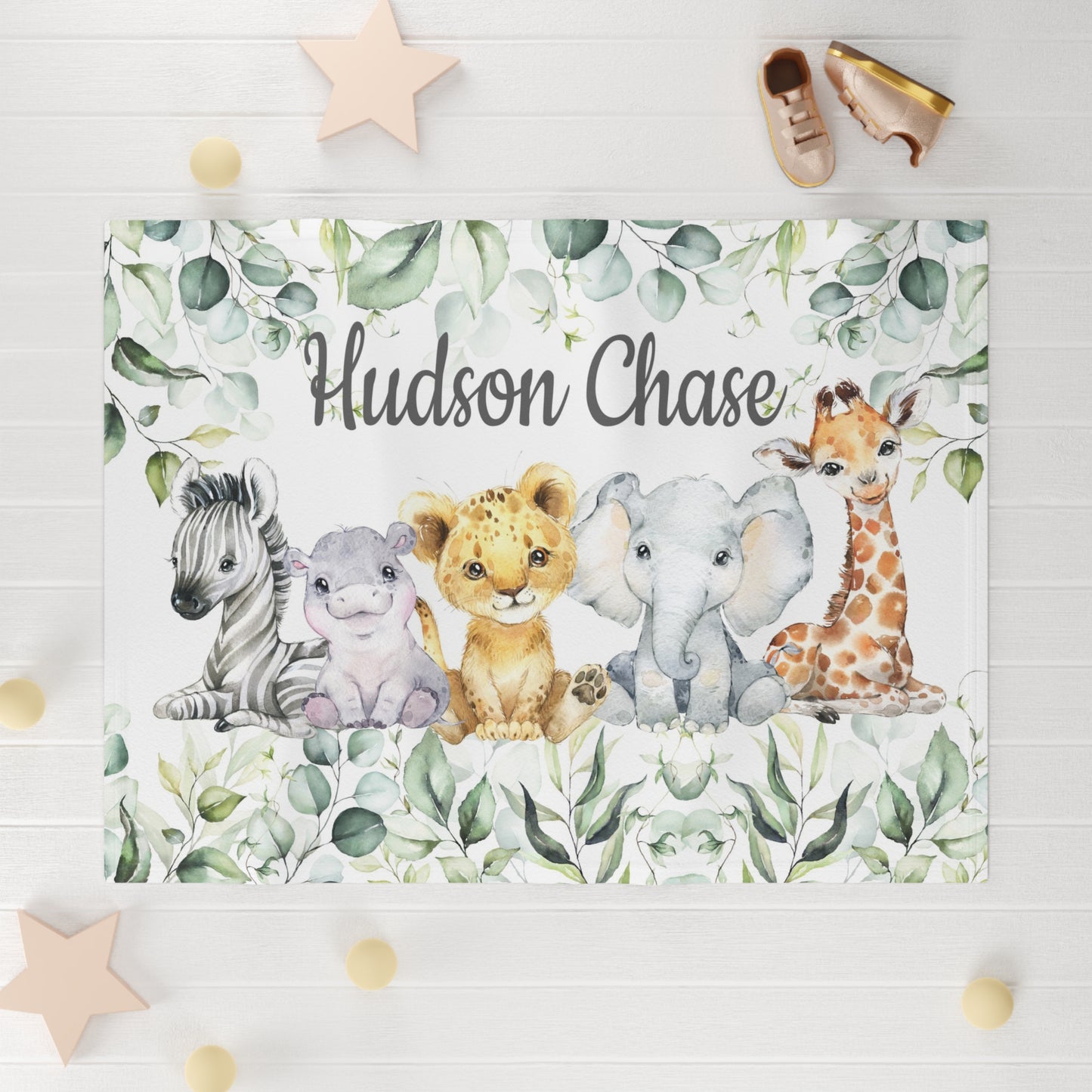 Personalized Safari Animals Baby Blanket with Eucalyptus Leaves