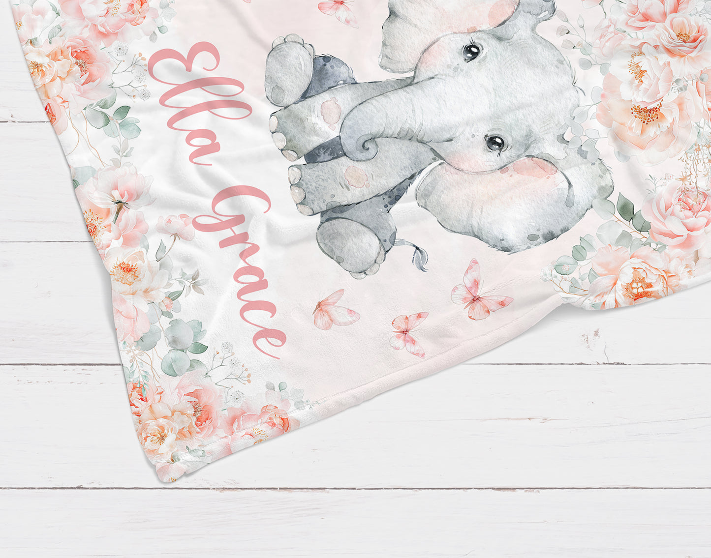Personalized Elephant Floral Baby Blanket with Roses & Butterflies