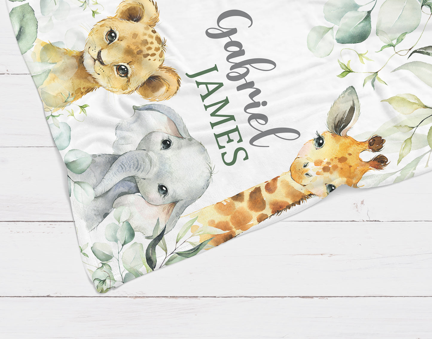 Safari Animals Baby Name Blanket with Eucalyptus Leaves