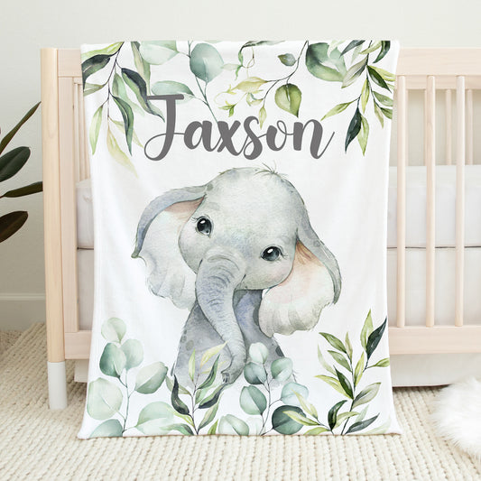 Personalized Elephant Baby Blanket with Eucalyptus Leaves
