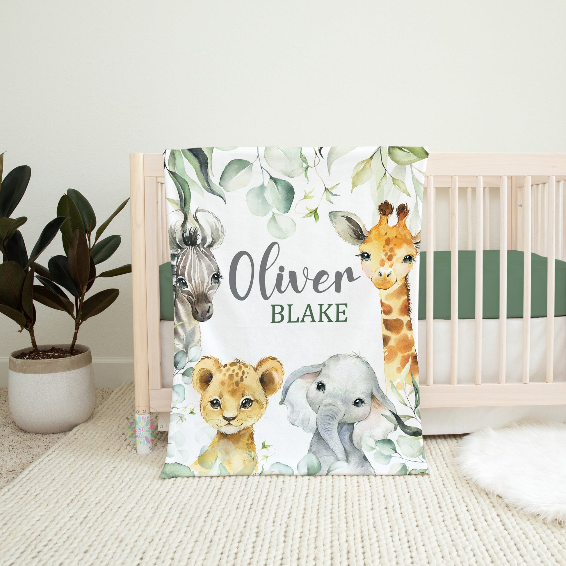 Safari Animals Baby Name Blanket with Eucalyptus Leaves