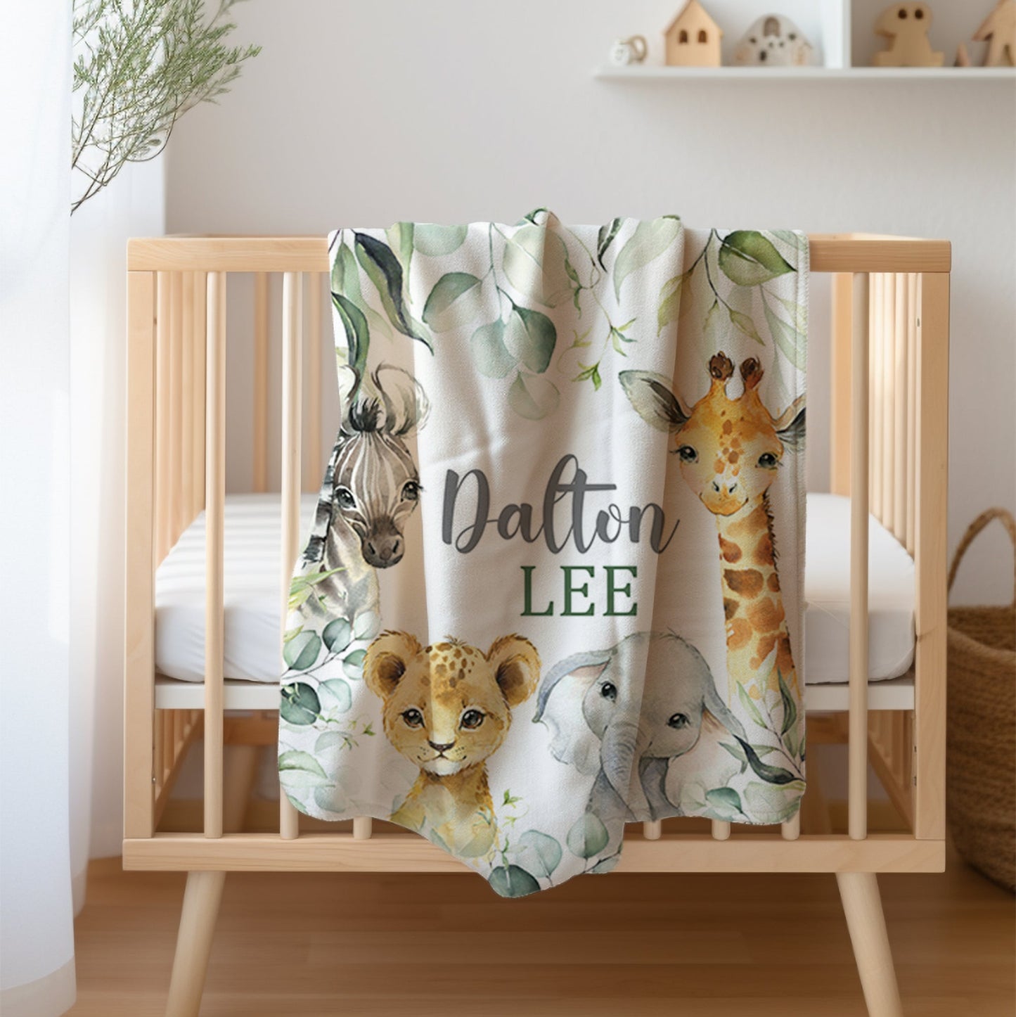 Safari Animals Baby Name Blanket with Eucalyptus Leaves