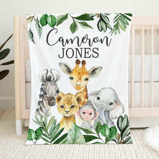 Safari Animals Baby Boy Name Blanket, Jungle Greenery Leaves Forest Personalized Blanket 