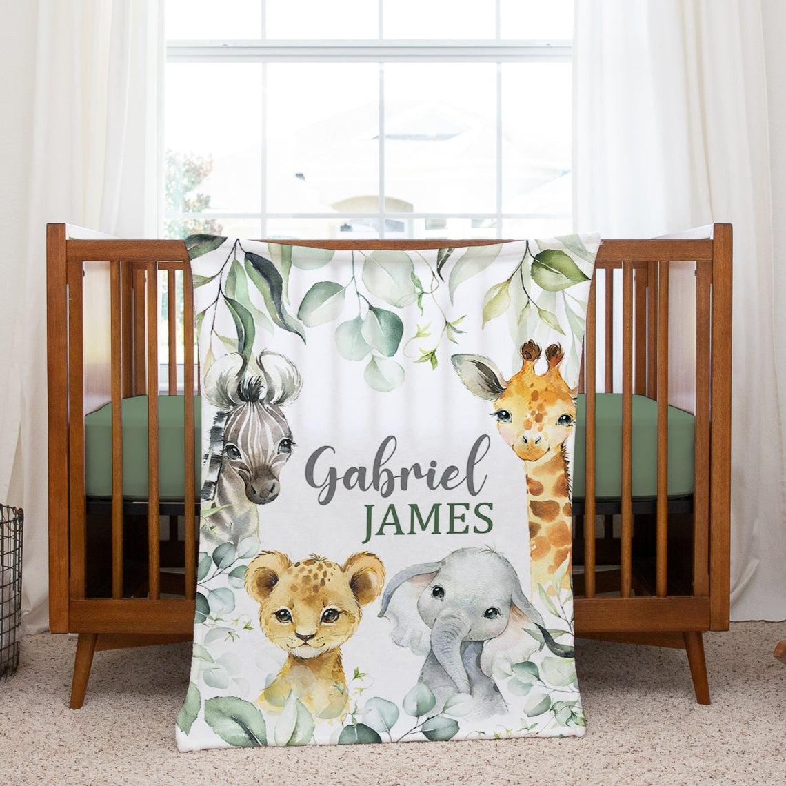 Safari Animals Baby Name Blanket with Eucalyptus Leaves