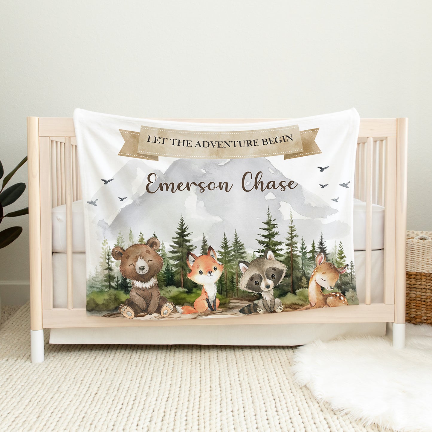 Woodland Blanket, Personalized Woodlan Baby Blanket, Custom Forest Animals Boy Blanket, Let the Adventure Begin