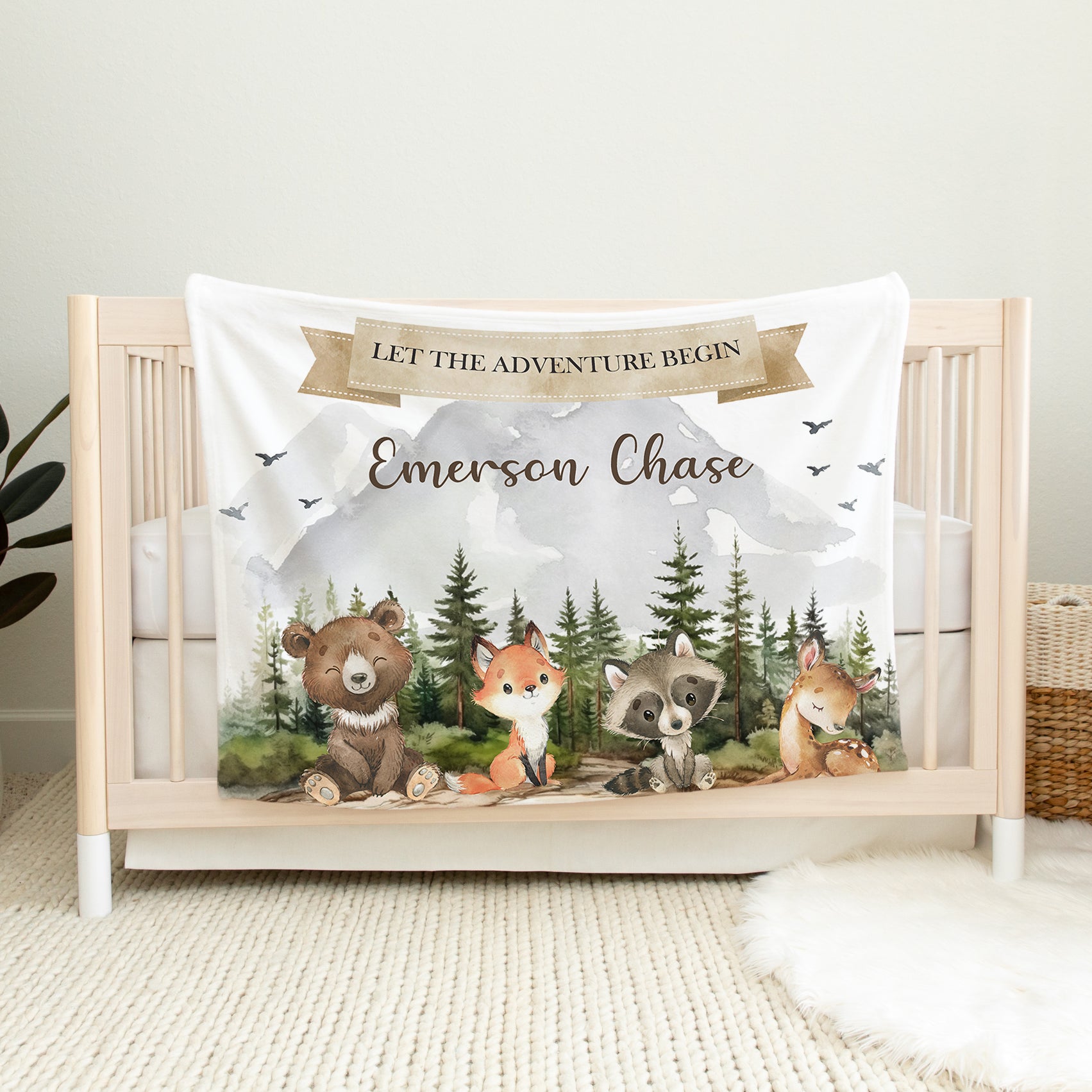 Woodland Blanket, Personalized Woodlan Baby Blanket, Custom Forest Animals Boy Blanket, Let the Adventure Begin